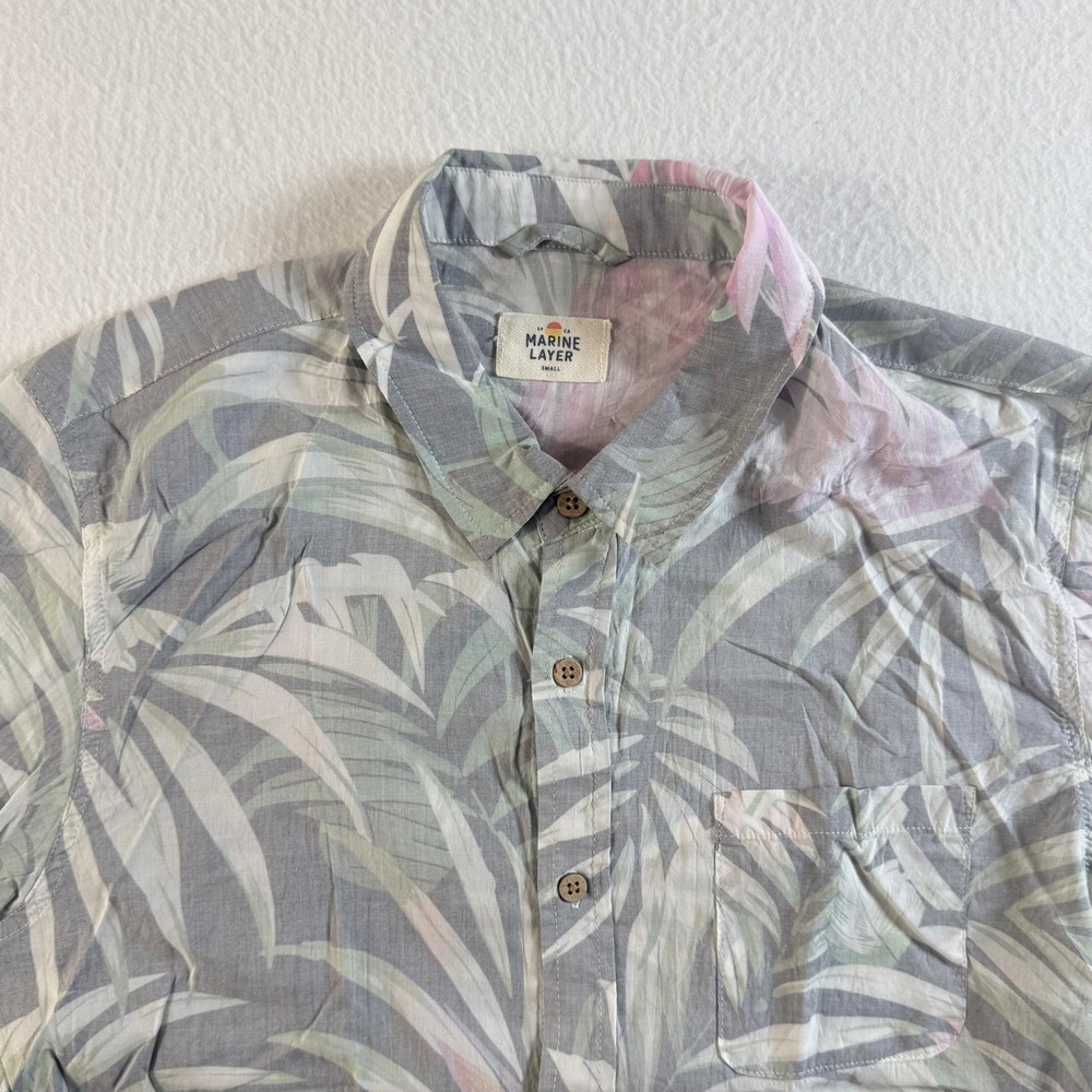 Marine Layer Button Down Shirt Mens Small Tropical Palm Print Gray Lightweight